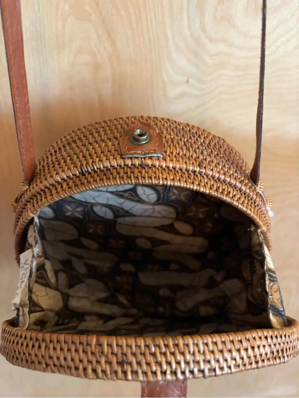 Round Woven Rattan Crossbody Bag - Vegan Leather Strap